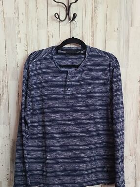 Kenneth Cole Navy and Heather Gray Striped Henley Long-Sleeve Shirt